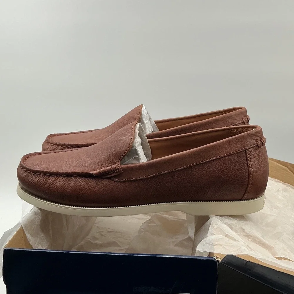 Polo Ralph Lauren Mens Pebbled Leather Loafers Tan Brown Moc Toe Slip On Shoes